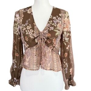American Eagle Earth Tone Floral Ruched V Neck Boho Long Sleeve Peplum Top XS